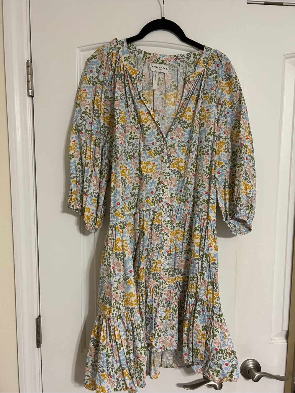 Apiece Apart White Floral V-Neck Tiered Midi Dress
